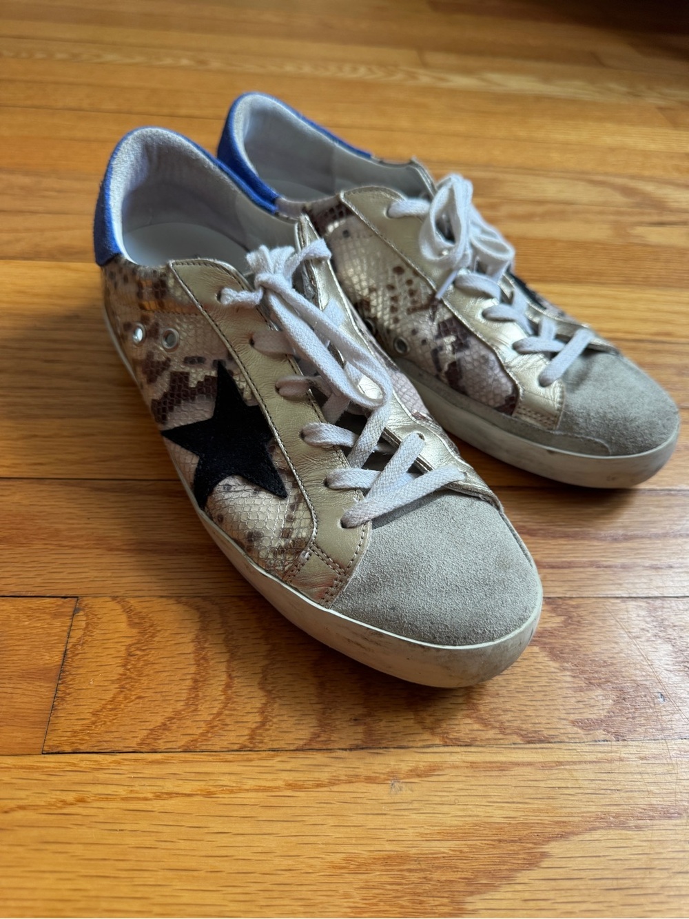 Golden Goose Beige Suede & Snakeskin Sneakers with Black Star and Blue Heel